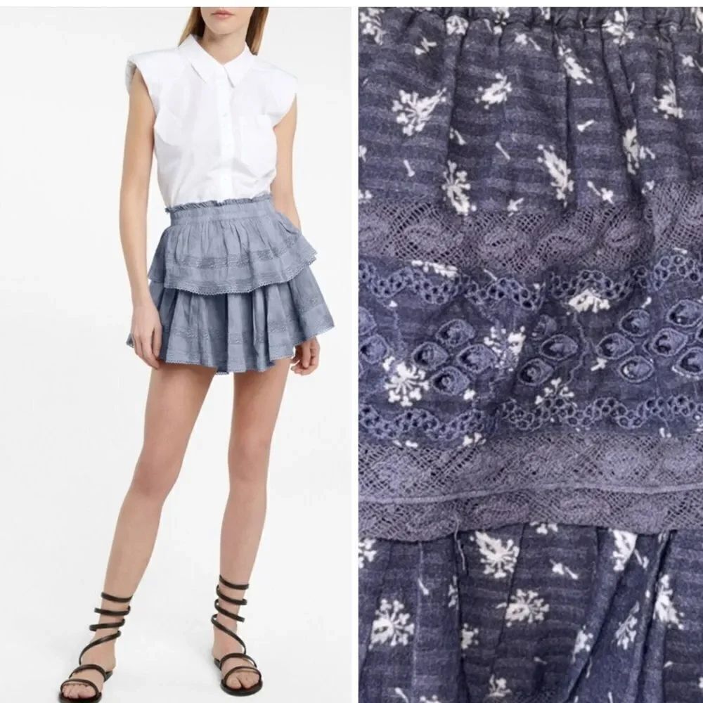 LoveShackFancy Double Ruffle Cotton Mini Skirt Denim Eyelet Large